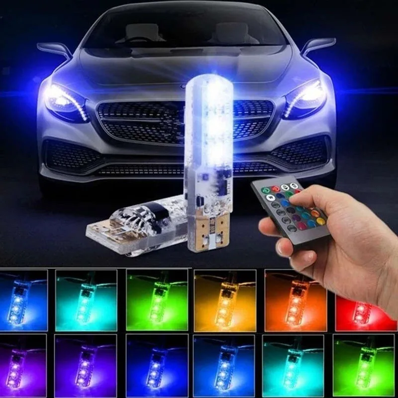 Фото 2 шт. T10 RGB LED лампы для габаритных огней - 6 SMD 5050 CANbus для автомобиля с пультом ДУ, мигающие клиновидные лампы для габаритных огней №1