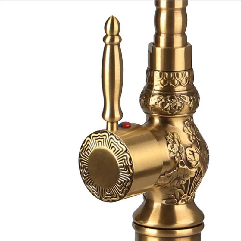 

Vidric Deck Mounted Antique Brushed Bronze Bathroom Faucet Basin Height up Carved Faucet Hot and Cold Mixer tap 360 rotating