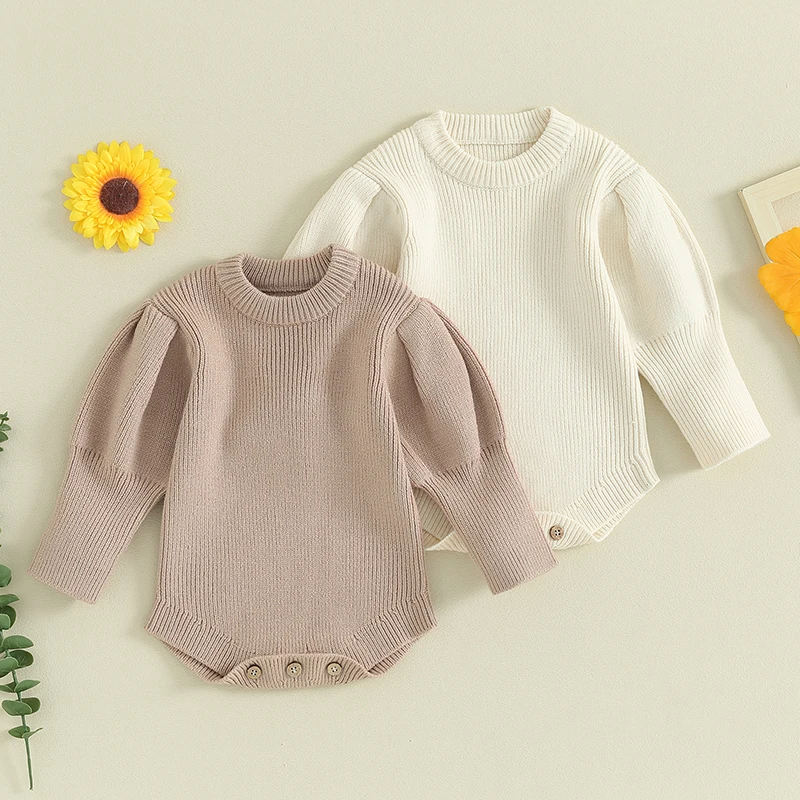 

Spring Autumn Newborn Baby Boys Girls Rompers Clothes Solid Knitted Puff Long Sleeve Button Jumpsuits Playsuits Overalls