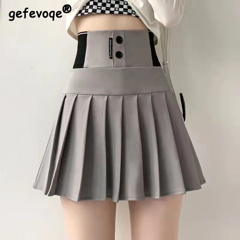 Pleated Mini Skirt Female 2022 New Elastic High Waist A-line Skirt Black Slim Y2k Button Short Skirt Korean Fashion Streetwear