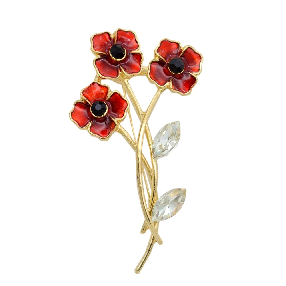 

2.5 Inch Red Enamel Treple Poppy Flowers Brooch