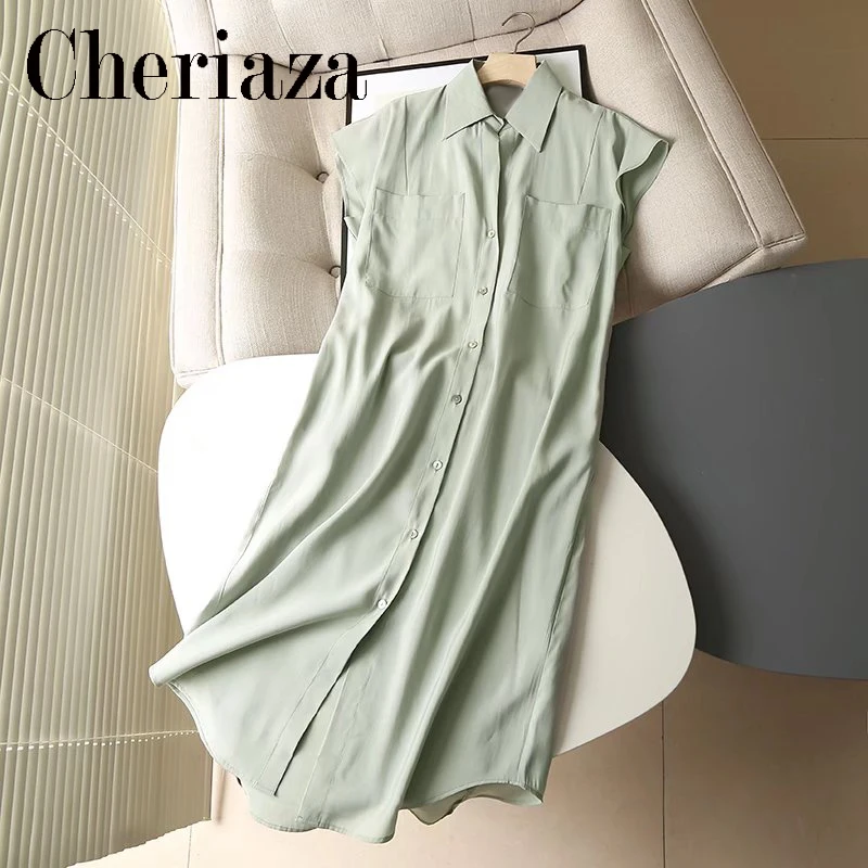 

Summer Woman2022 European Snd American Style Shirt Style Dress Solid Color Single-breasted Grace Office Lady Midi Long Skirt