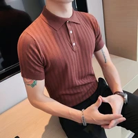 summer ice silk t shirts for men short sleeve hollow knitted slim casual polo shirts business social lapel tee tops man clothing