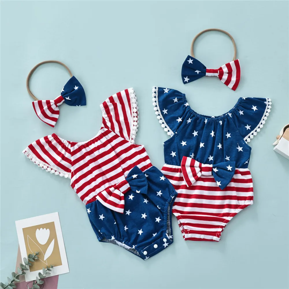 

Комбинезон для девочек на День независимости, боди в полоску со звездами с повязкой на голову для новорожденных 0-18 месяцев, Летние повседне...