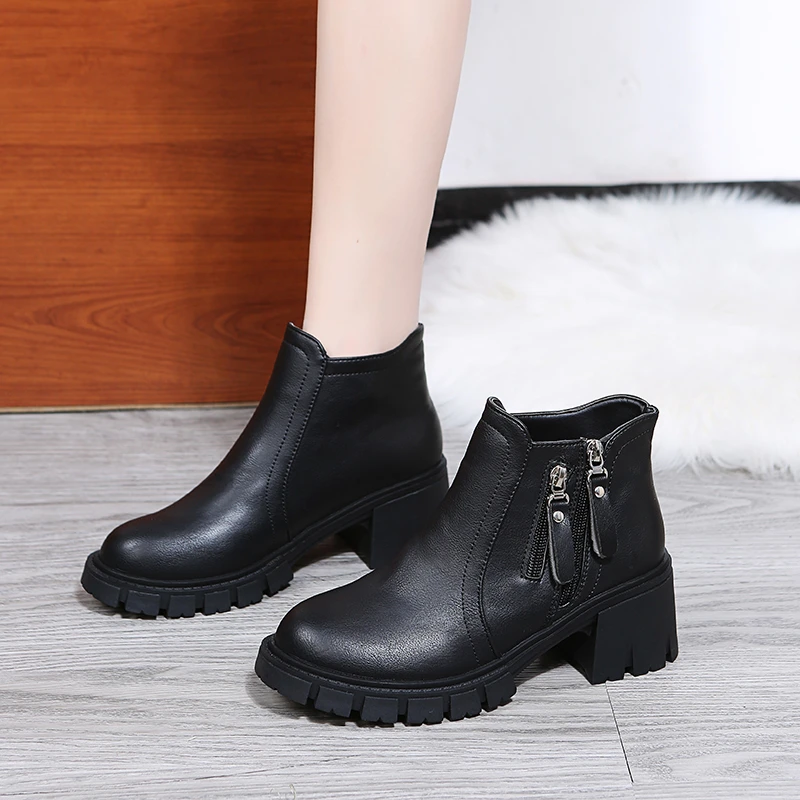 Women's Ankle Pu Leather Platform Casual Boots 2022 Autumn New High Heel Fashion Zipper Round Head Square Heel Women's Boots