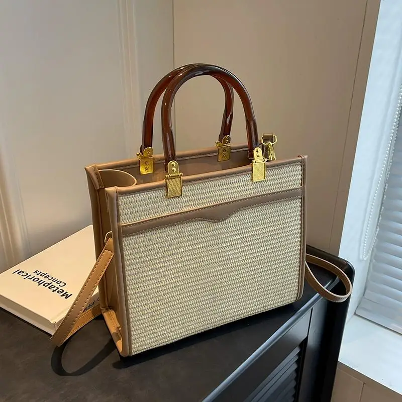 

Contrast Straw Woven Tote Hand Bag For Women Luxury Designer 2023 Summer New High-quality Black Shoulder Messenger Bag