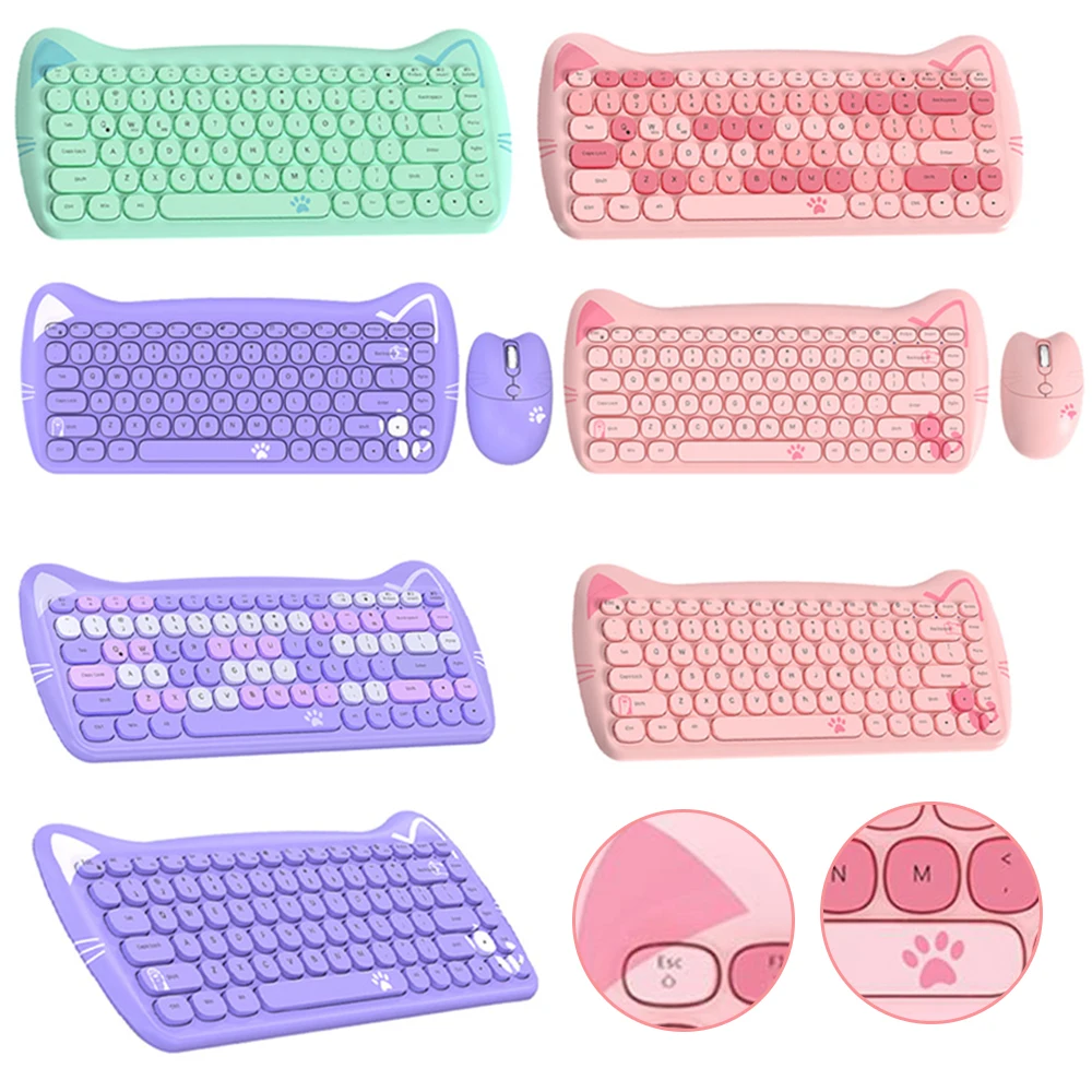 Wireless Keyboard and Mouse set Computer Game Girl Cute Pink Cat Shaped Bluetooth 84 Keys Keyboard Mouse Combos