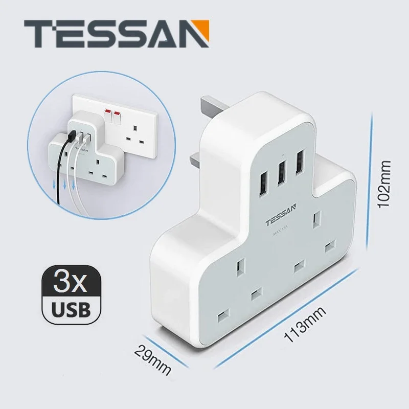 

TESSAN USB Socket Power Adapter UK Plug Extension Adaptor Multi Sockets with 2 AC Outlets and 3 USB Ports Wall Charger For Home