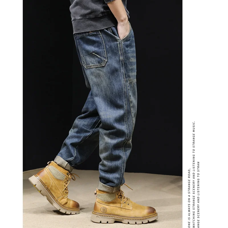 Streetwear Men 2022 New Pattern Vintage Recreational Blue High-end Jeans Loose Broad Leg Straight Cylinder Trousers Autumn Women