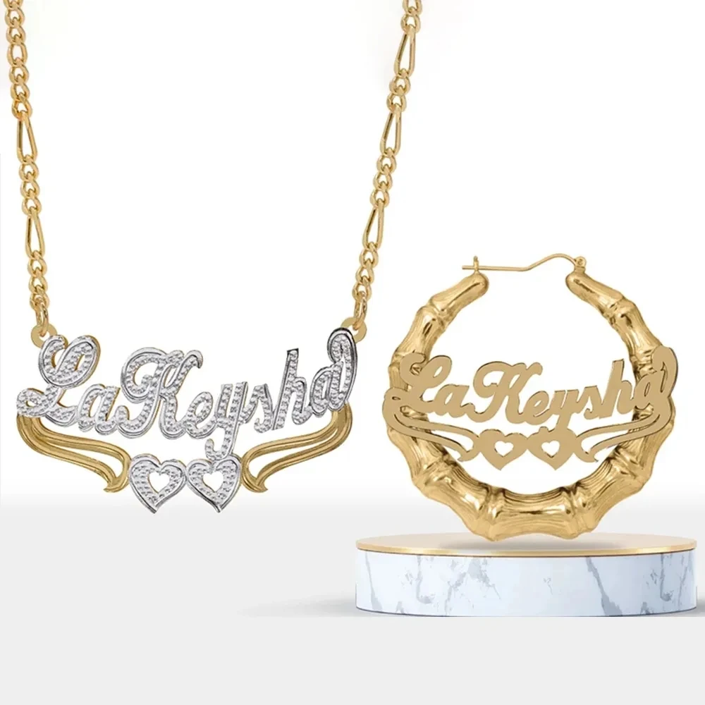 Customized Jewelry Sets Two Tone Double Heart 14K Gilded Nameplate Personalized Name Necklace Heart Shaped Bamboo Earrings Sets
