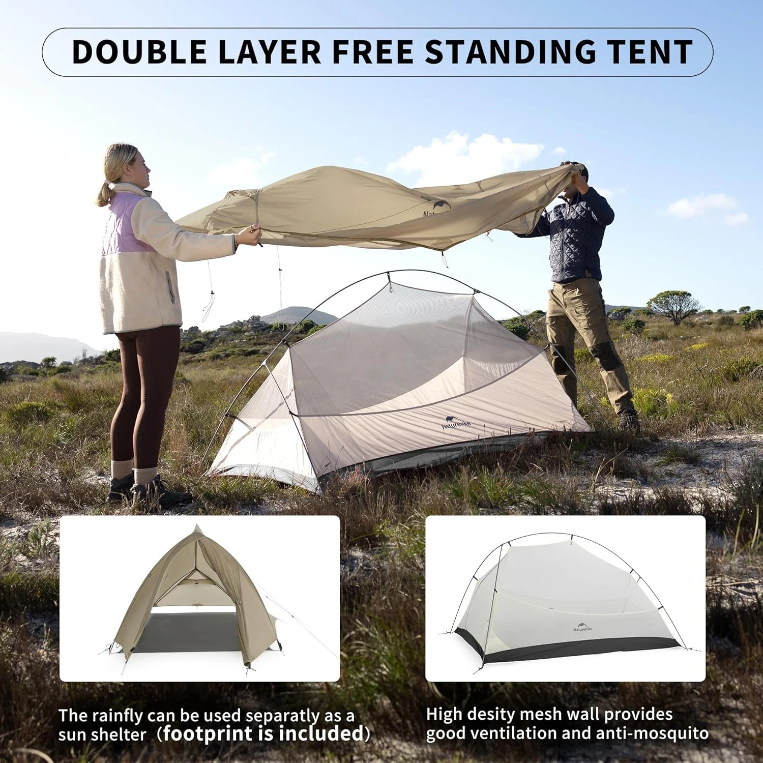 Фото Naturehike Cloud Up Pro 2-местная палатка, уличные палатки для кемпинга, сверхлегкая палатка 20D, отдельно стоящая палатка для пешего туризма, путешествий, альпинизма №3
