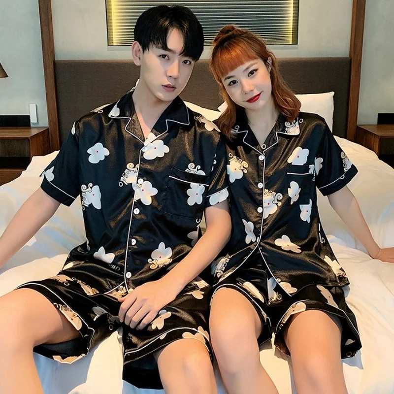 QWEEK Pajama Couple Man and Woman Satin Silk Sleepwear Kawaii Cartoon Pijamas Summer Night Home Suit Pyjamas Suits with Shorts