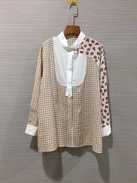

2022 new women fashion long-sleeved plaid stitching floral loose fashion trendy top shirt