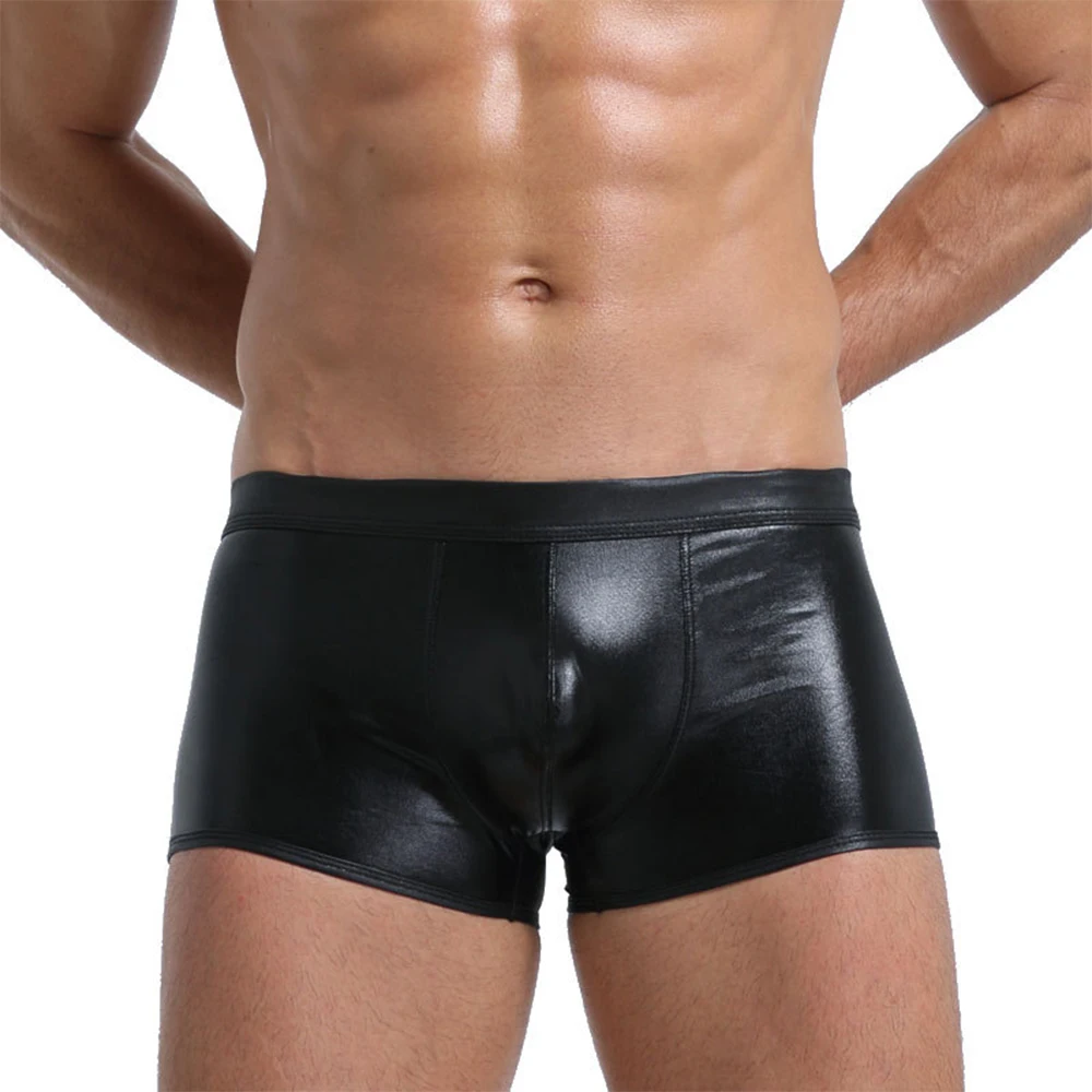 

Men Shiny Faux Leather Boxer Briefs Underwear Wet Look Trunks Shorts Clubwear Male Elastic Underpants Sexy U Convex Gay Boxers