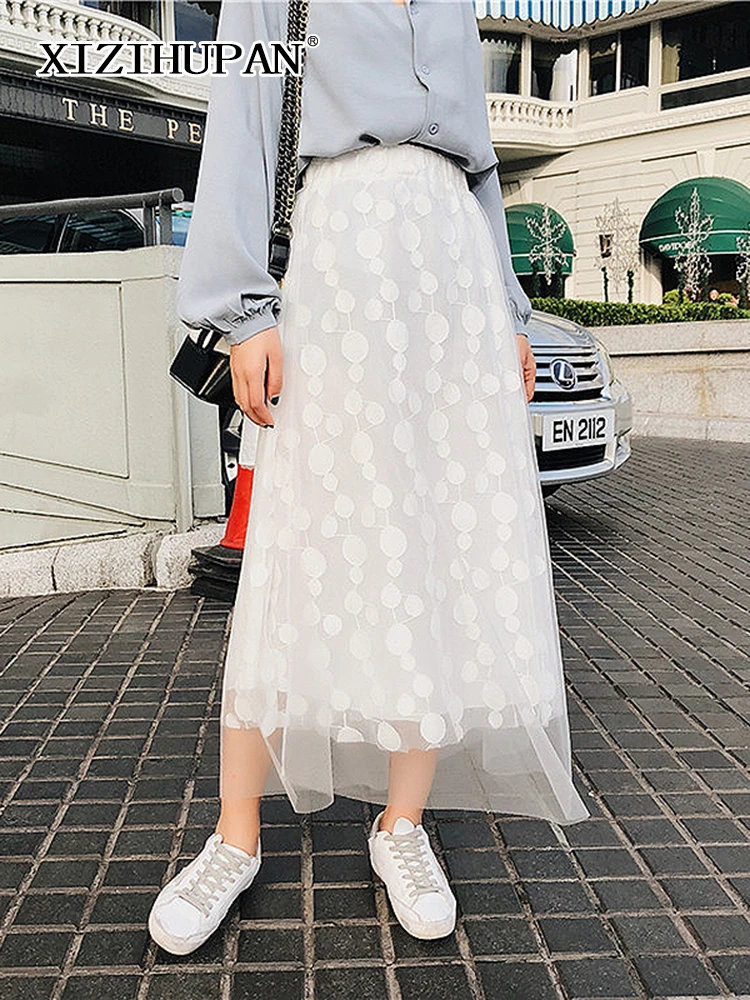 

Длинная юбка в горошек XIZIHUPAN для женщин, Лоскутная сетчатая трапециевидная Свободная юбка с высокой талией, женская модная одежда, Новинка осени 2022