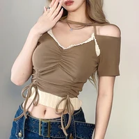 women sexy tops elegance mature feminine charm cool y2k summer thin breathable pleated off shoulder womens short top girl
