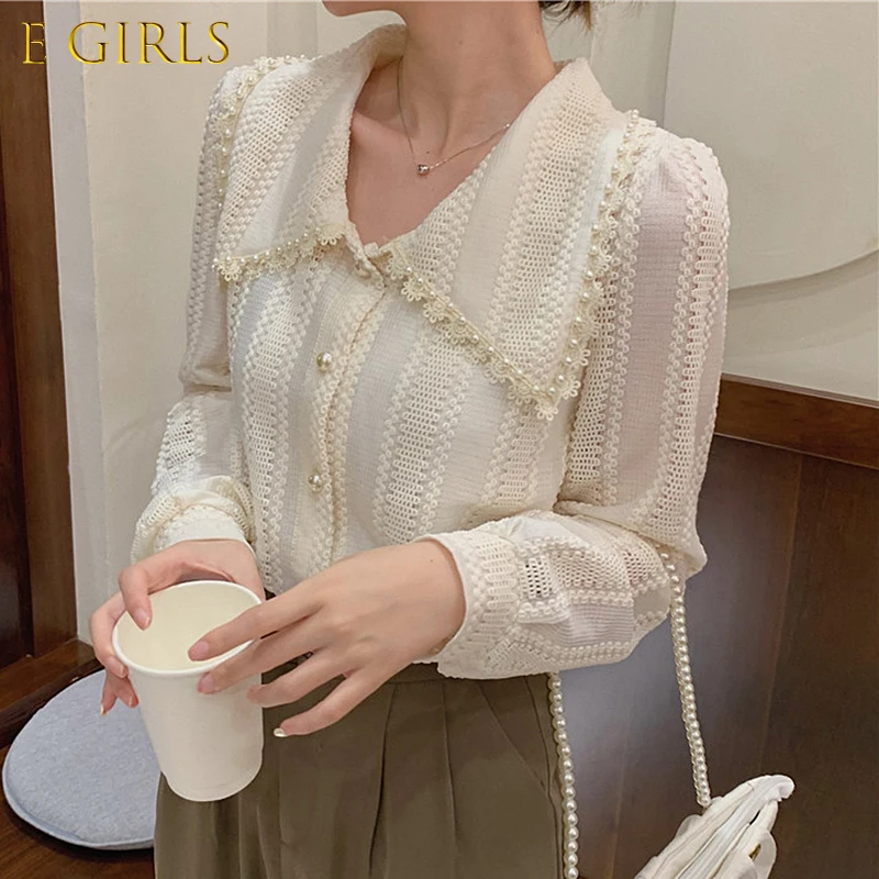 E GIRLS Korean Lace Shirt Women Sweet Turn-down Collar Long Puff Sleeve Pearls Blouse Hollow Out Tops Plus Size blouses femme