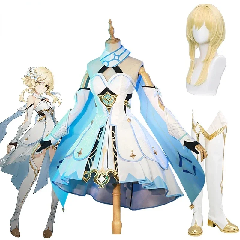 Косплей костюмы игры Genshin Impact Lumine костюм косплей парик сапоги Хэллоуин вечерние