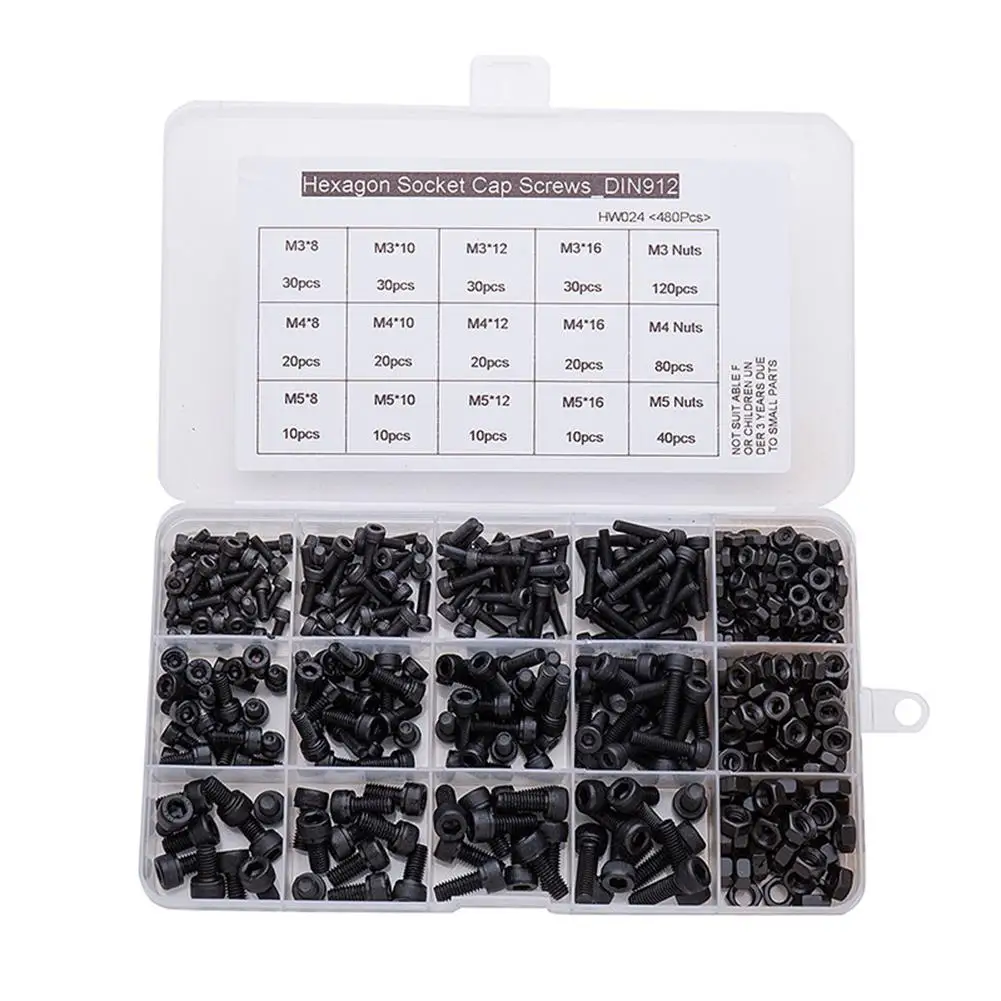 

480Pcs Carbon Steel Screws + Nut Assortment Kit High-strength Multiple Models Din912 Full-tooth Socket Head Cap Screws Bolts Set