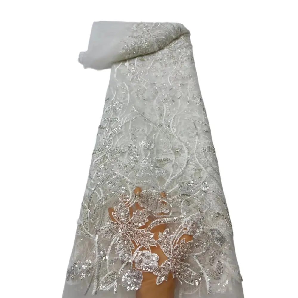 

Новинка 2023, элегантное белое Африканское Тюлевое кружево лучшего качества с множеством бусин, ткань для свадебного платья невесты NN5338_R