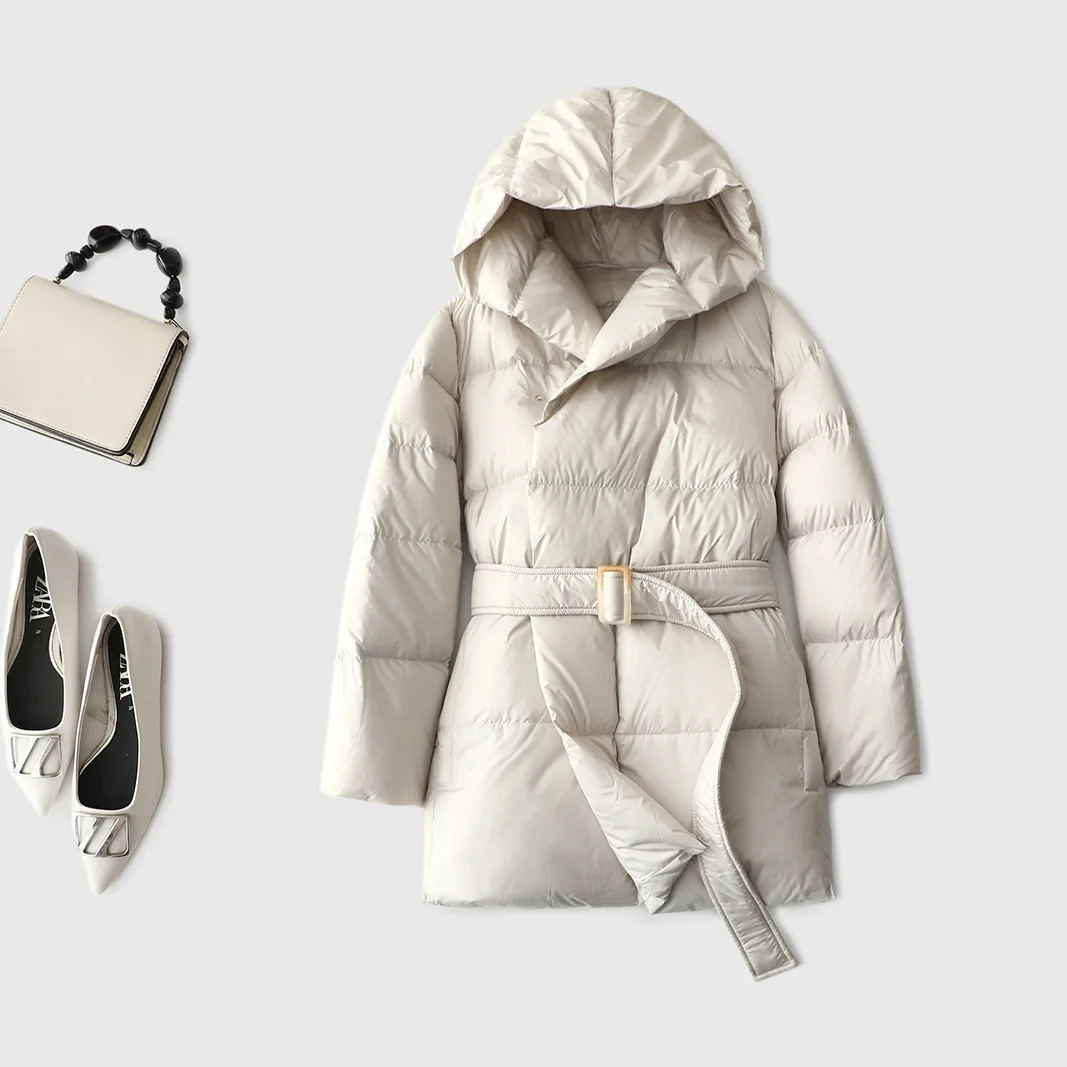 Down Jacket New National Standard 90 White Duck Down Hooded Belt Female One Hand Long Waist Thickening Fashionable Jacket