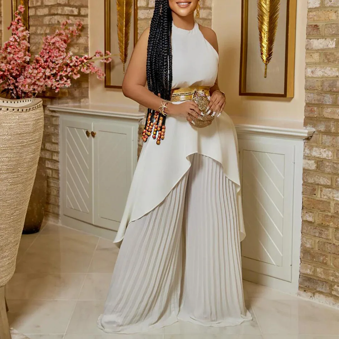 Plus Size Matching Sets Halter Tops And Wide Leg Pants With Belt Female Luxury Fashion Women Clothing 2023 Summer Two Piece Sets
