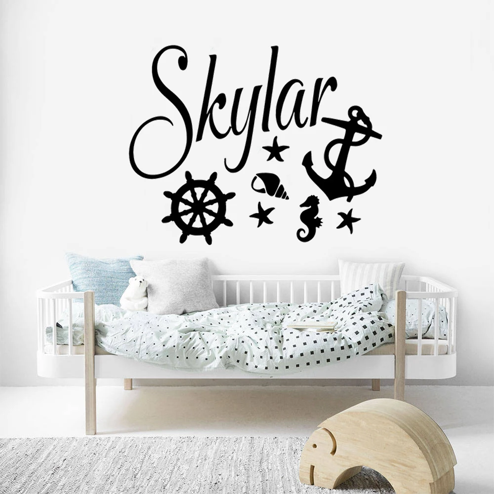 

Personalized Custom Name Wall Stickers Vinyl Nautical Anchor Decals Ships Wheel Murals For Boys Kids Bedroom Decoration DW14479