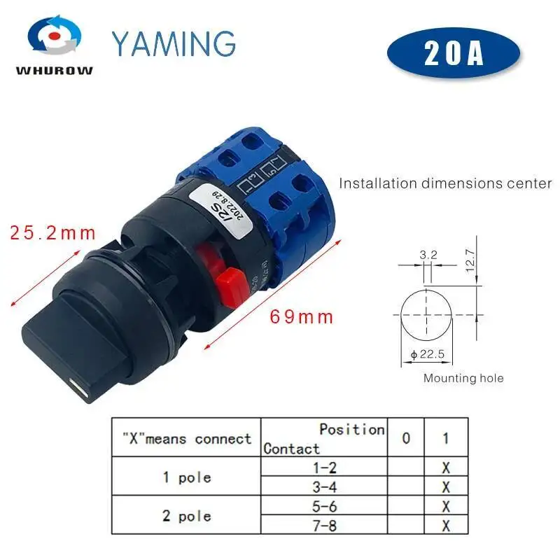 

LW26-20S Монтажный размер с одним отверстием 22 мм Поворотный кулачковый переключатель 20А Главный селектор Серебряный контакт YMW26