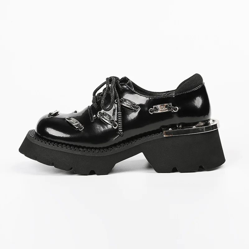 

New Classic Round Toe Platform Black Oxford Shoes for Women Casual Lace Up Flats Ladies Thick Sole Leather Shoes metal