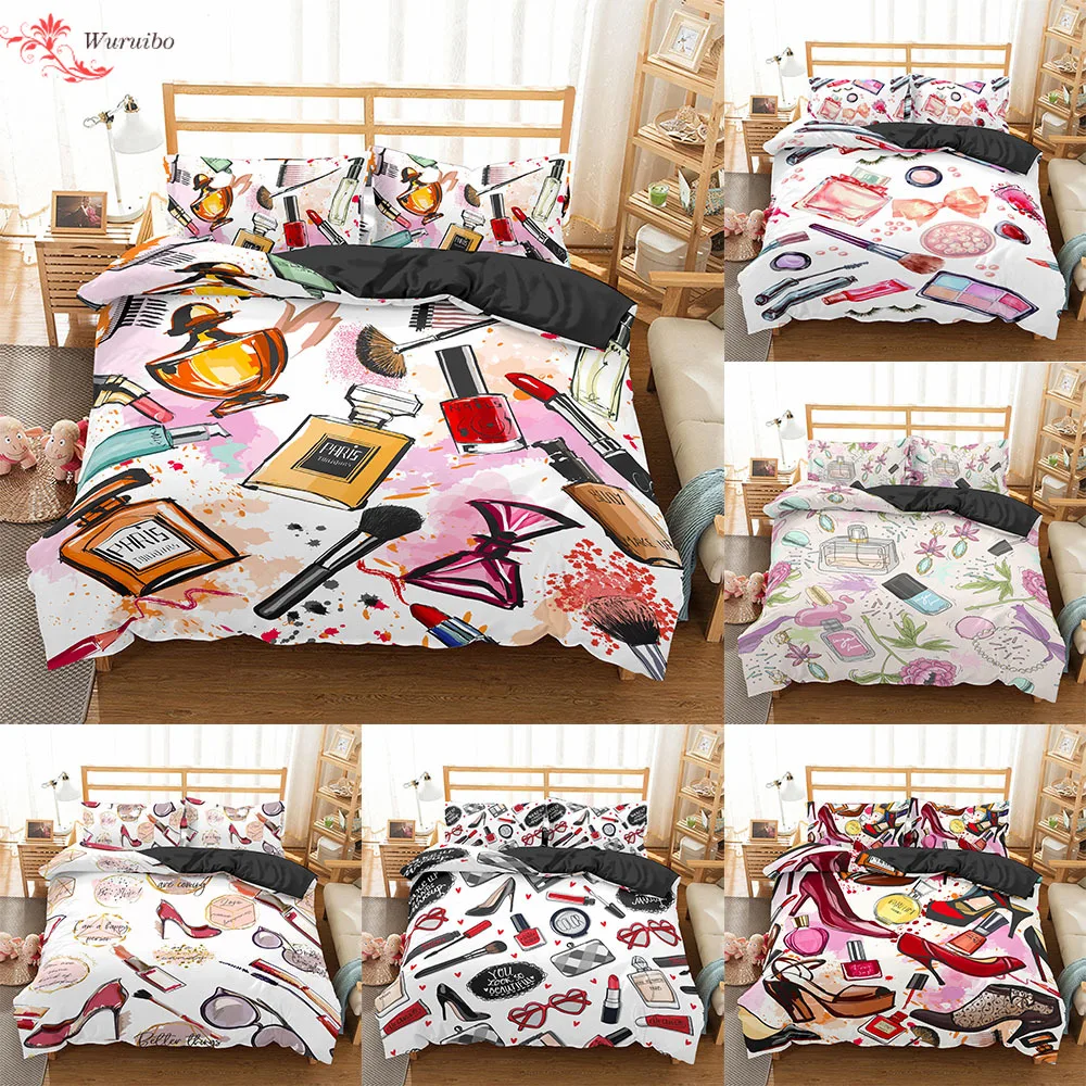 

Homesky Makeup Lipstick luxury Bedding Set Cosmetic Pink Duvet Cover Girls Women Bed Set Home Textiles Bedclothes 3/4pcs
