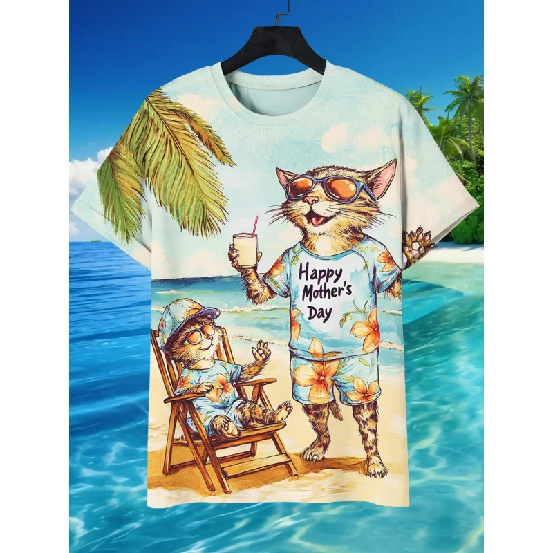 Фото Футболка с графическим рисунком Beach Cat для мужчин, забавные футболки с 3D принтом животных, летние модные топы с круглым вырезом, свободные футболки с короткими рукавами №2