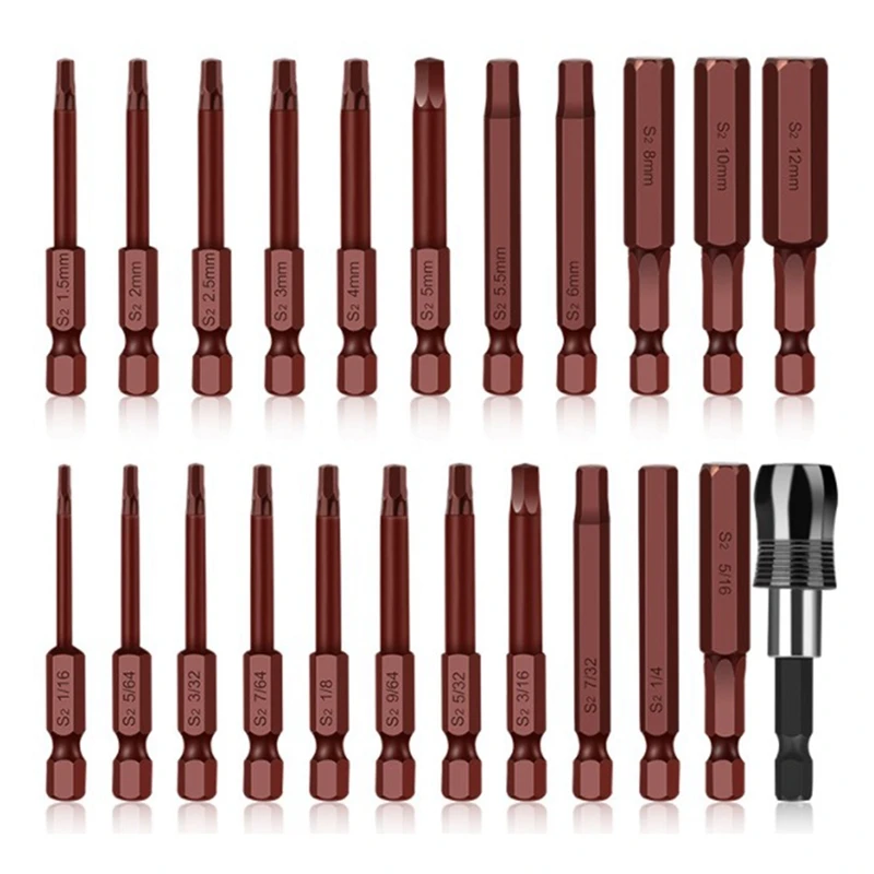 

23Pcs Hex Head Hex Wrench Drill Bit Red Coated Metric Imperial Hex Bit Set 60mm Long Hex Key Magnetic Screwdriver Bits