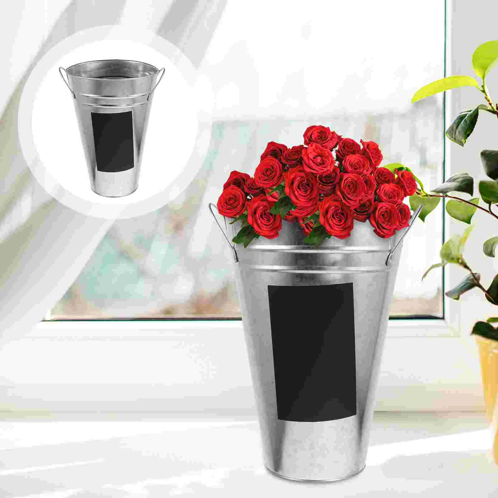

1Pc Iron Sheet Flower Bucket with Waterproof Blackboard Sticker Hydroponics Flower Container Garden Planter Display Flower Tub