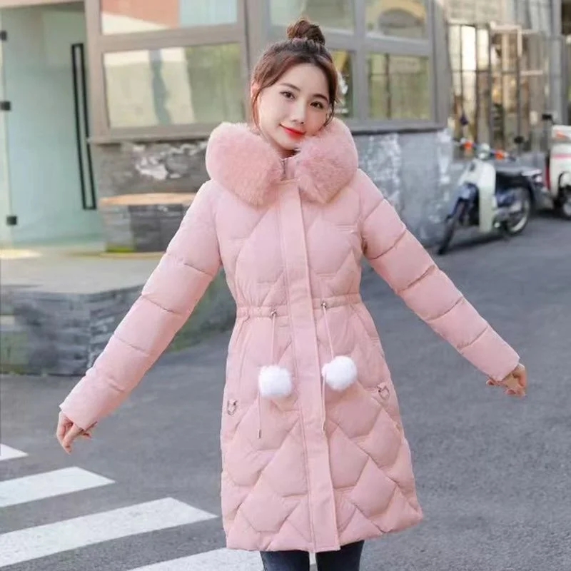 New winter Korean version Slim fit Fashion Medium long down cotton jacket Women's warm big fur collar waist closing cotton