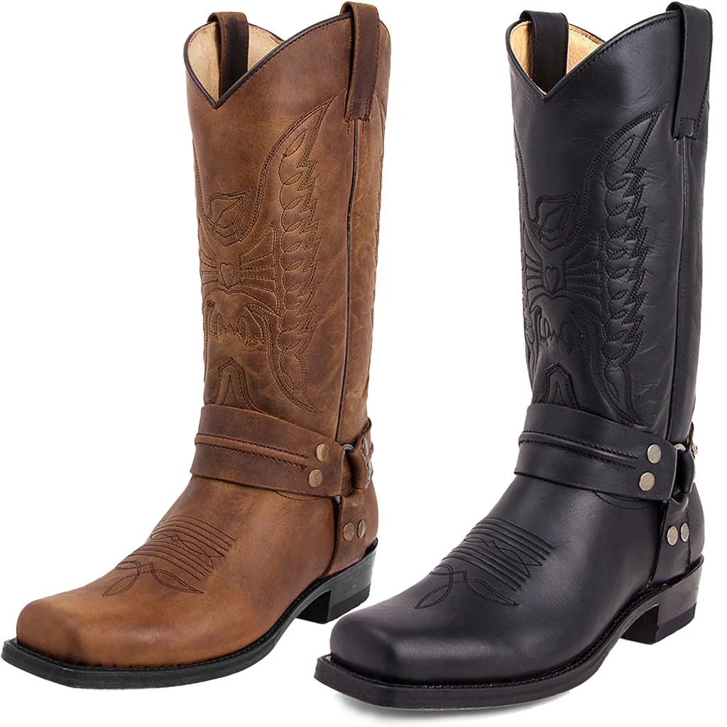 

Мужские ковбойские ботинки в стиле ретро, черные или коричневые ковбойские ботинки из искусственной кожи, с вышивкой, до середины икры, размер 48, зимняя обувь, 2023