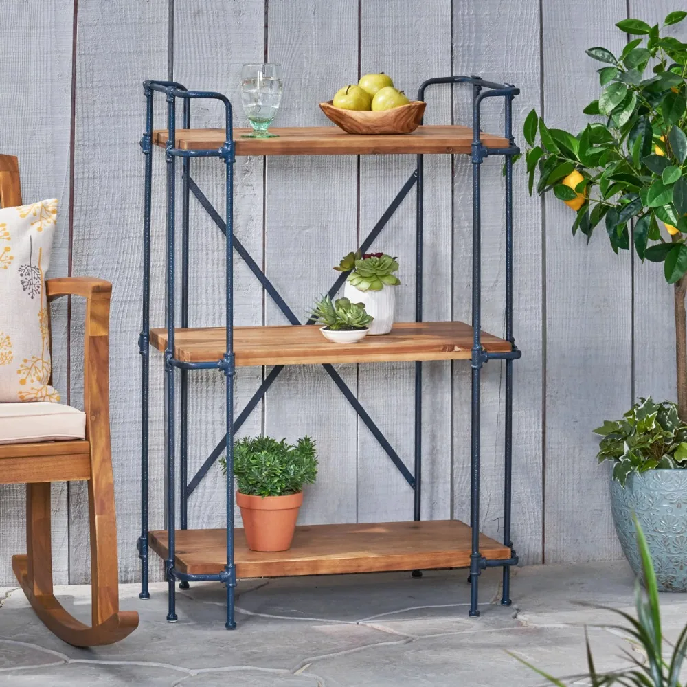 

Elm Outdoor Industrial 3 Shelf Firwood Bookcase, Antique Brown, Blue, and Black