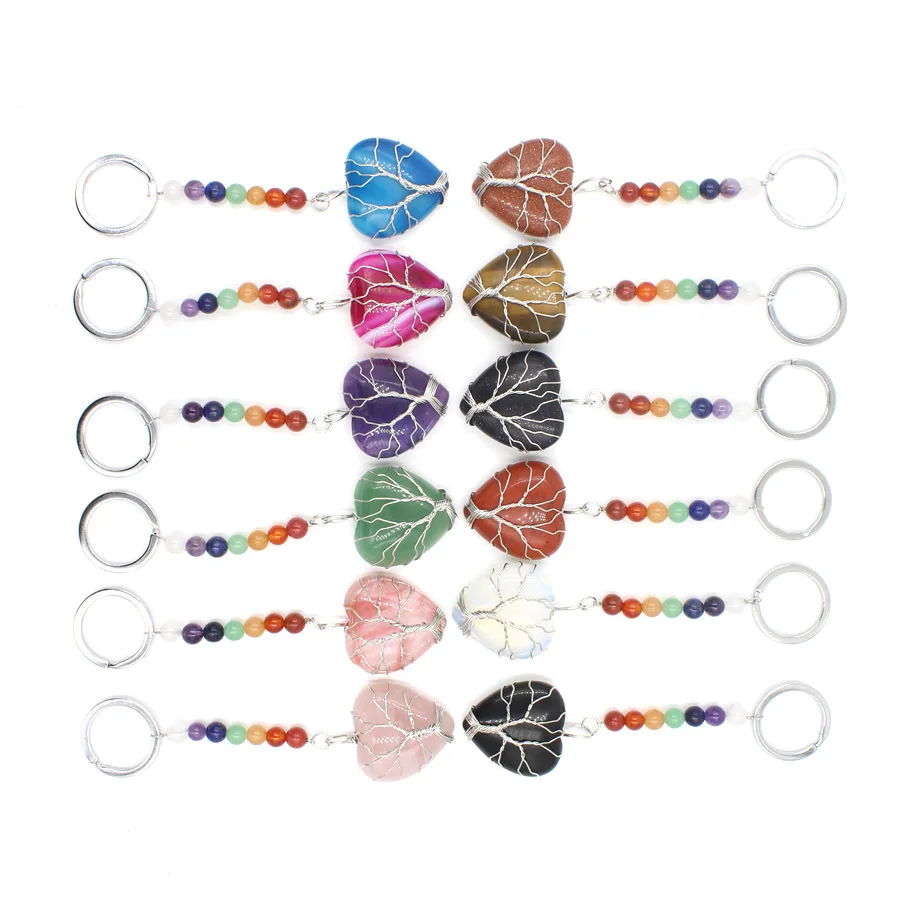 

11.11 Heart Stone Key Rings 7 Colors Chakra Beads Chains Gem Charms Tree of Life Keychains Healing Crystal Keyrings Women Men
