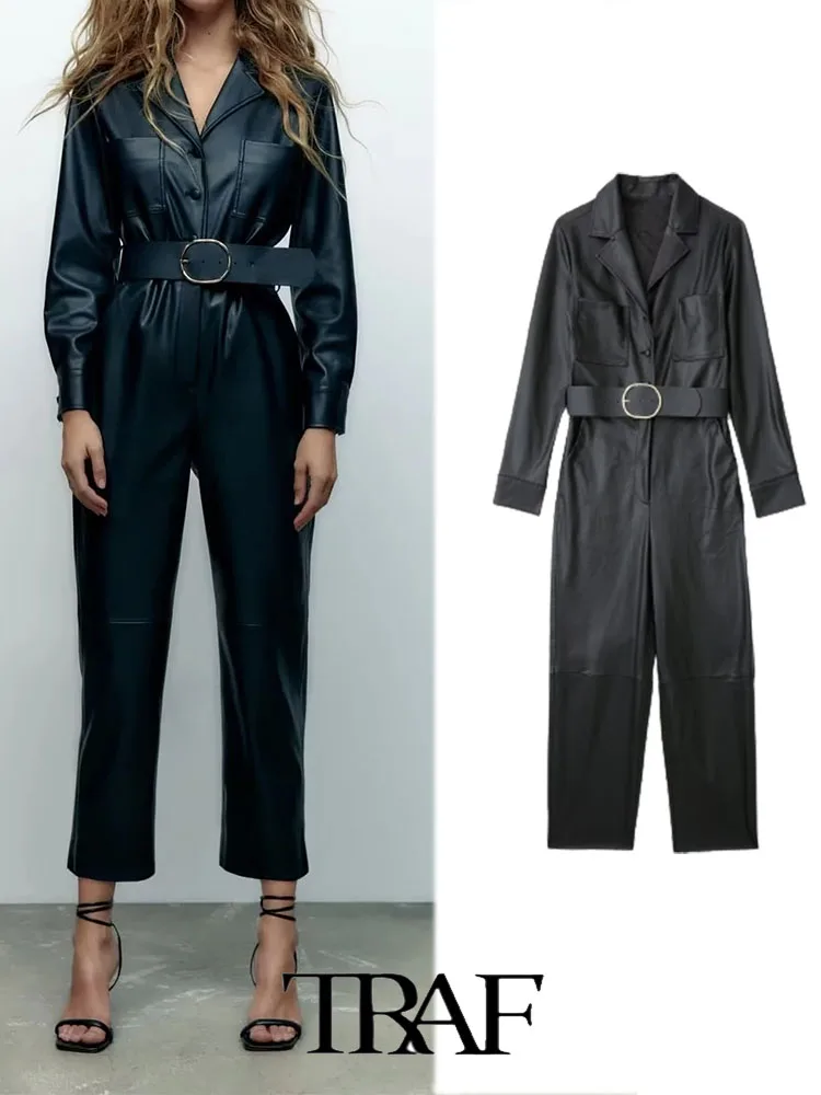 

Женский комбинезон из искусственной кожи, с длинным рукавом и поясом