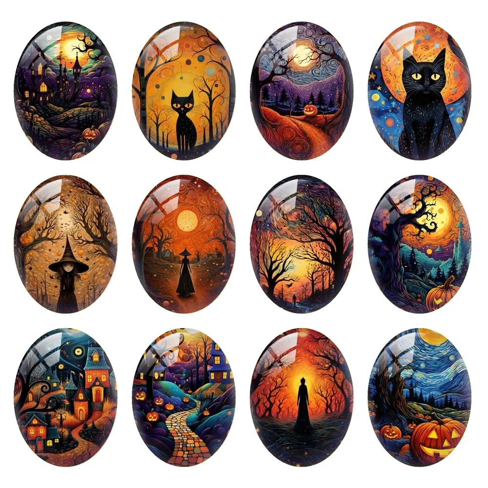 10 шт./лот Хэллоуин ночной охотничий дом ведьма Кот Овальный фото стекло кабошон с