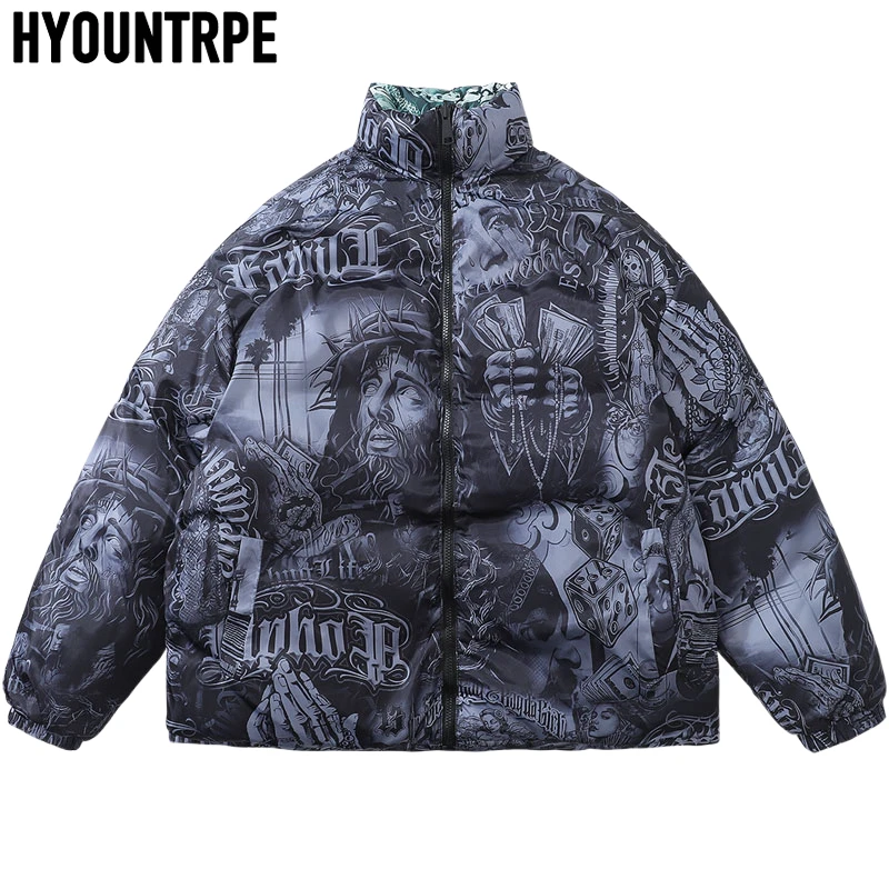 Mens Hip Hop Reversible Jacket Casual Winter Thick Warm Harajuku Punk Gothic Print Bomber Coats Cotton Padded Winter Warm Zipper