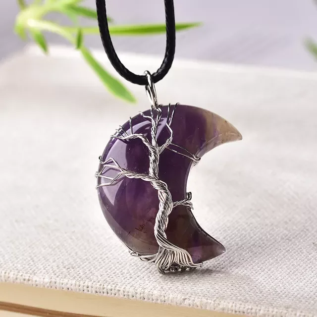 

Natural Crystal Pendant Tree Of Life Moon Shape Reiki Polished Mineral Jewelry Healing Stone For Men Women Jewelry Gift