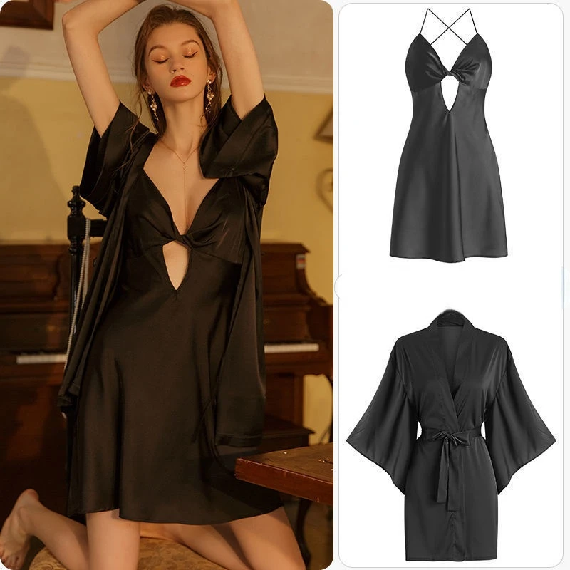 

Lisacmvpnel Hollow Out Ice Silk Women Robe Set With Chest Pad Sleepwear