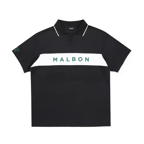 MALBON Men's V-Neck Collar Simple Logo Striped Golf Shirts
