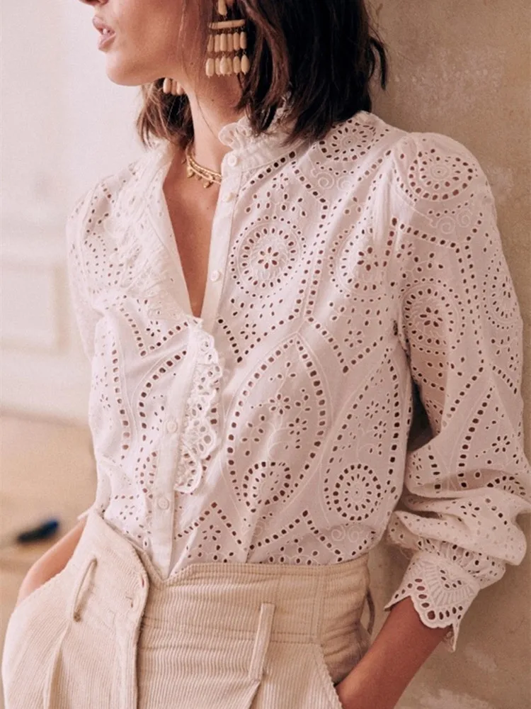 

Hollow out Blouse For Women Ruffles Shirts Embroidery Sweet Long Sleeve Spring 100% Cotton Top Female Stand Collar Blouses