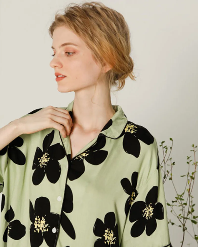 Summer Pajamas Thin Loose Pajama Tribute Satin Short-sleeved Shorts Casual Comfortable Sleepwear Dark Green Print Women Suits