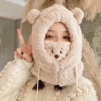 cute bear hat with earflaps winter hats for women girl lamb plush warm thickened balaclava with ears mask female fur for hood