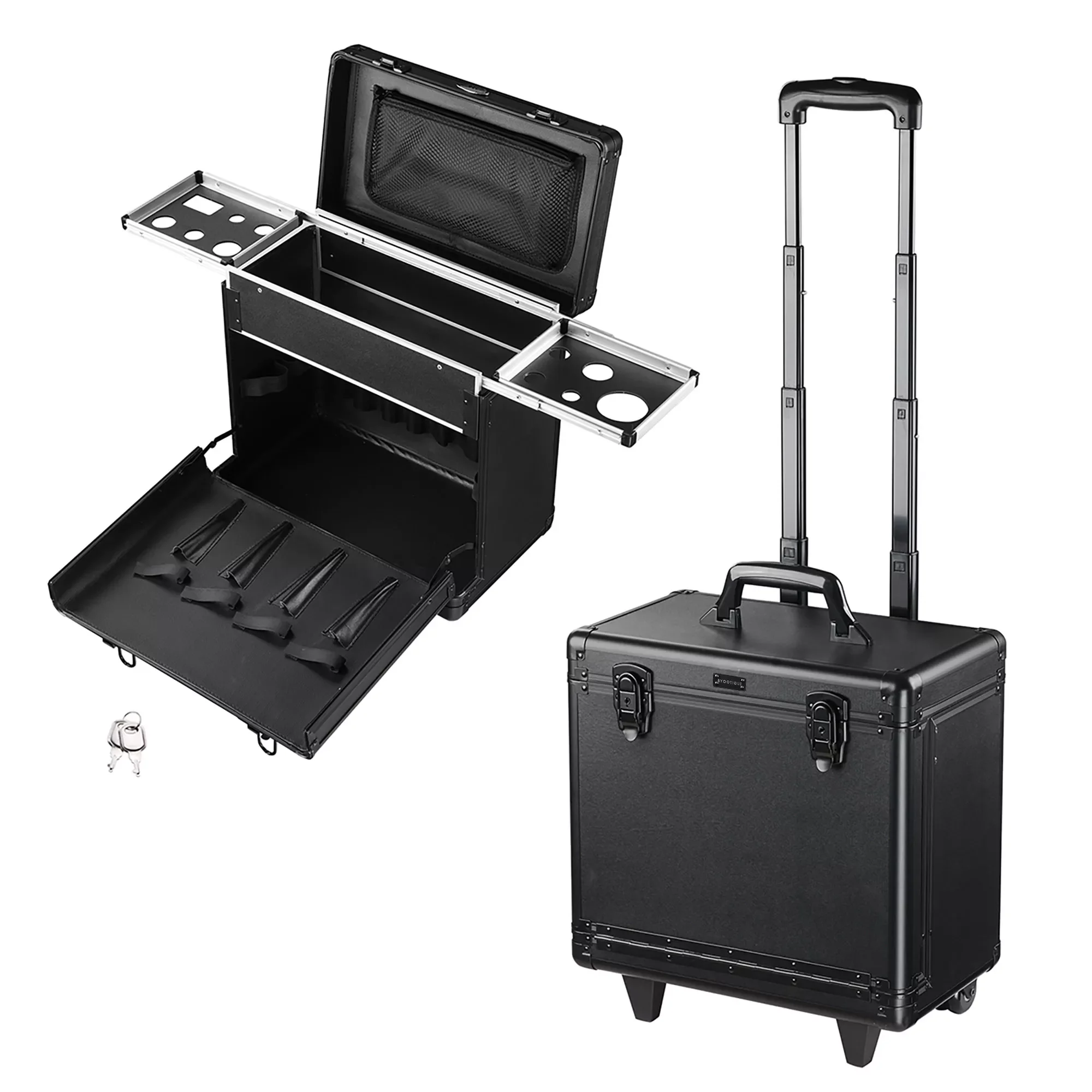 

Byootique 15x9x14" 2-wheels Rolling Hair Makeup Train Case PVC Baber Salon Clipper Trimmer Tool Box w/ Appliance Holders