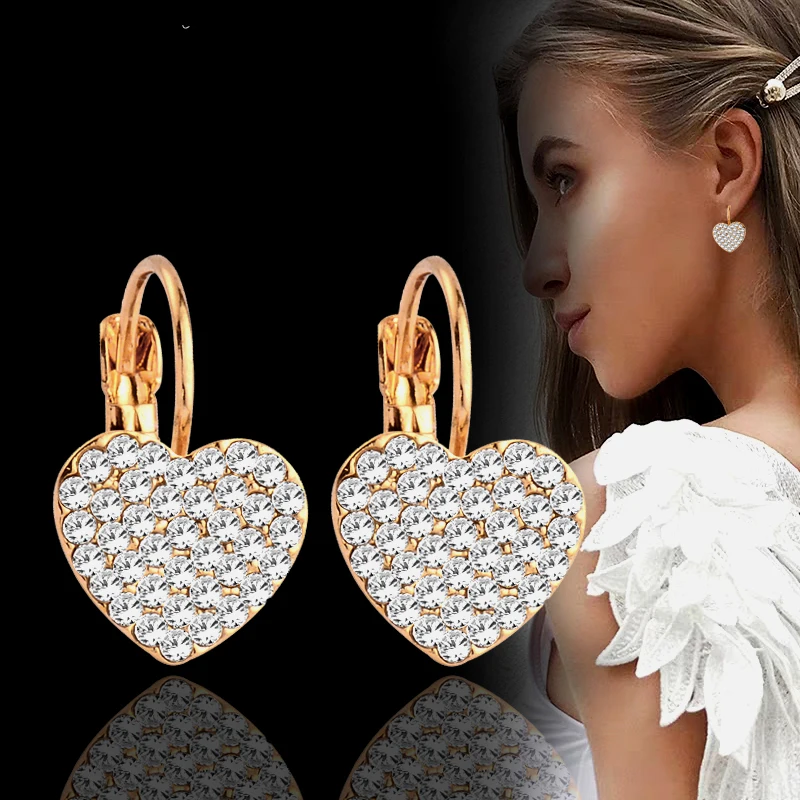 

SINLEERY Shiny Full Rhinestone Heart Earrings For Women Gold Color Hoop Earring wedding accessories Party Jewelry ZD1 SSP