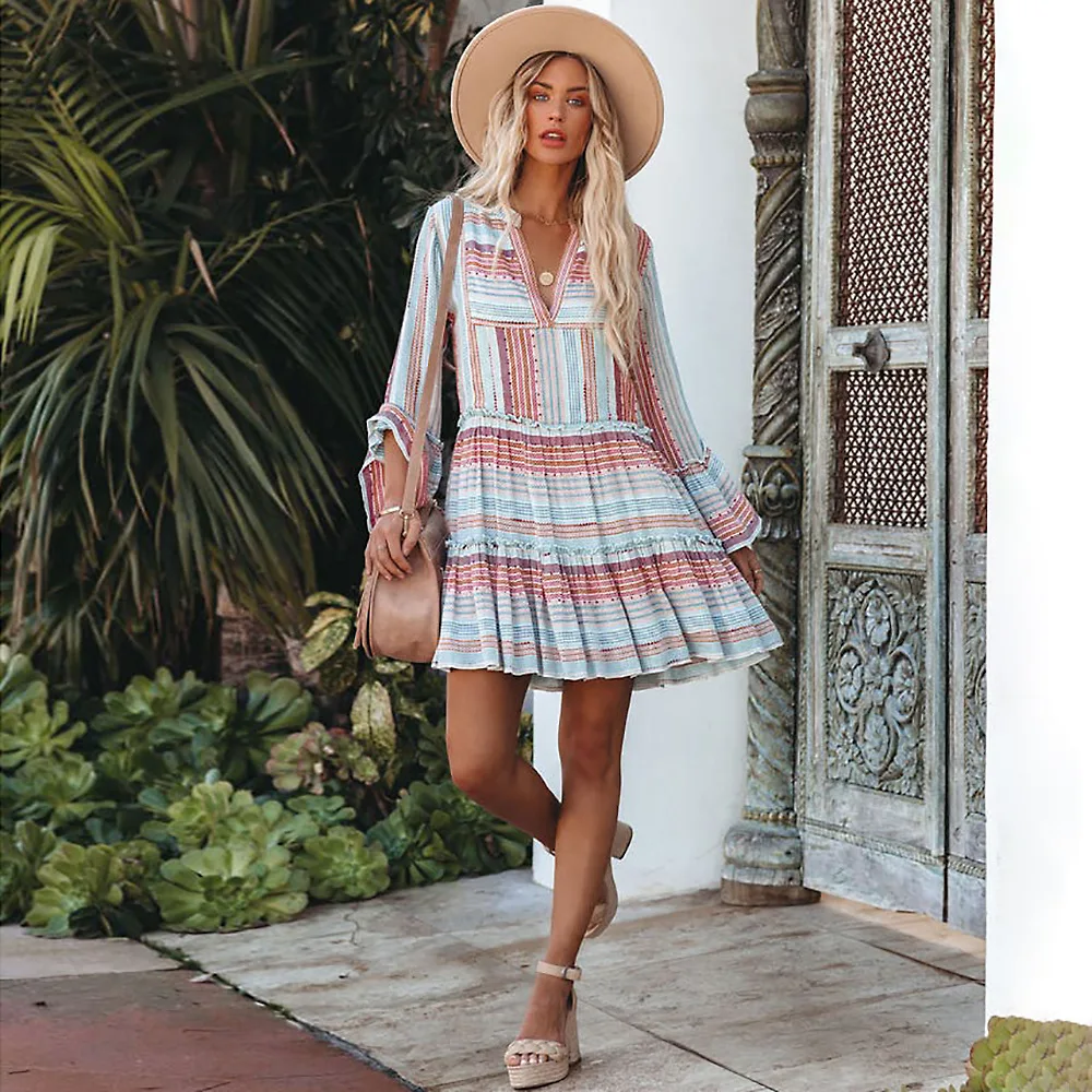 

2022 Summer New Women Loose Beach Dress Long Sleeve V Neck Mini Dress National Printed Dress for Holiday Lady Casual Streetwear