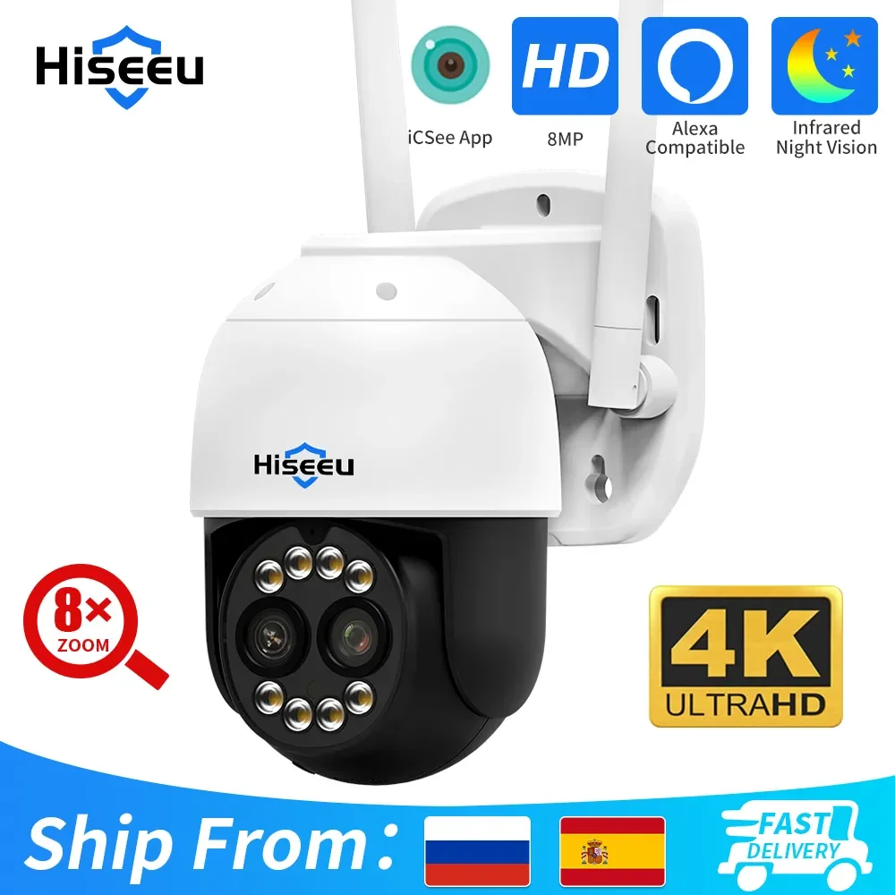 

NEW2023 Hiseeu 4K 8MP Dual Lens PTZ Wifi IP Camera 8X Zoom Outdoor HD Full Color Night Vision Human Detection Video Surveillance